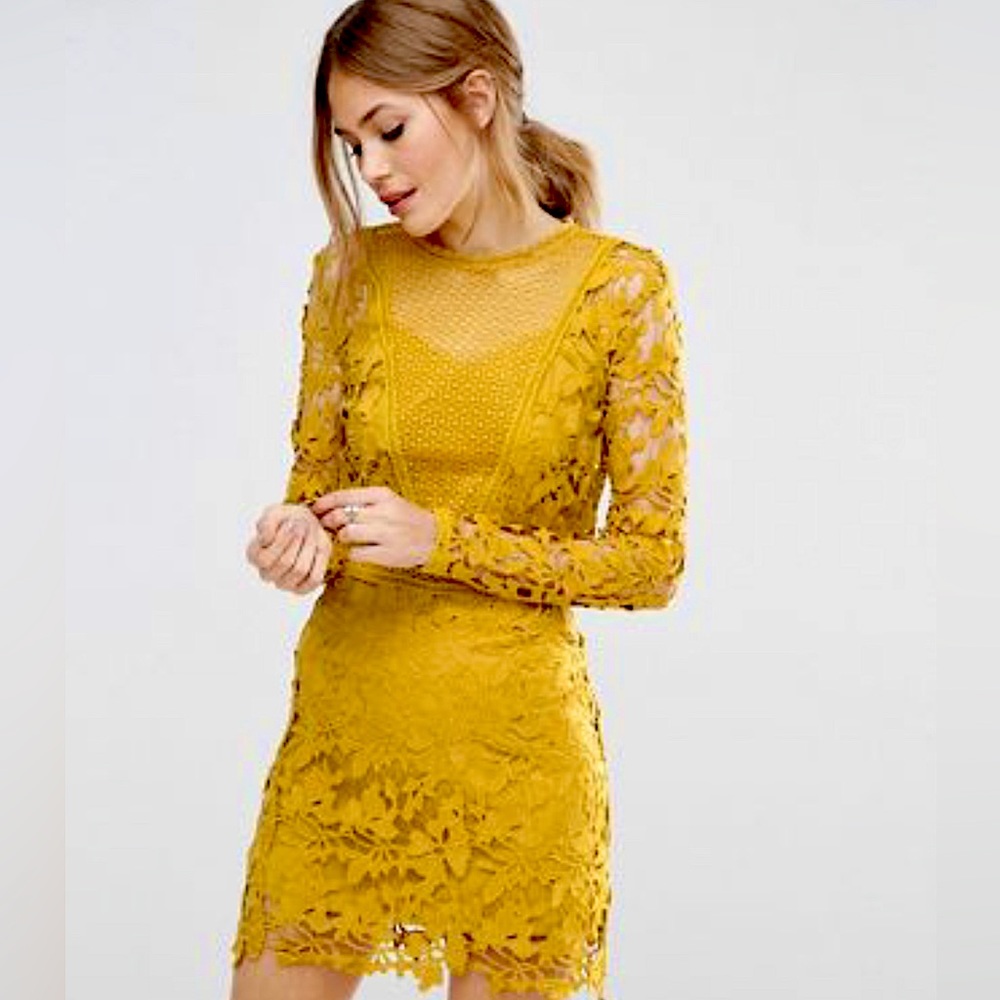 ASOS Mustard Lace long sleeve Shift dress